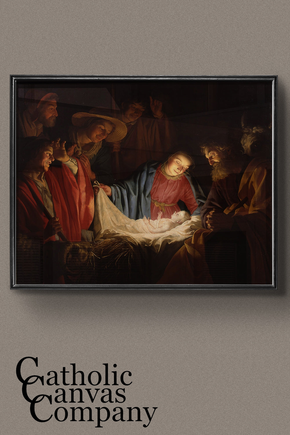 The adoration of the shepherds by Honthorst is shown in a frame on a wall.